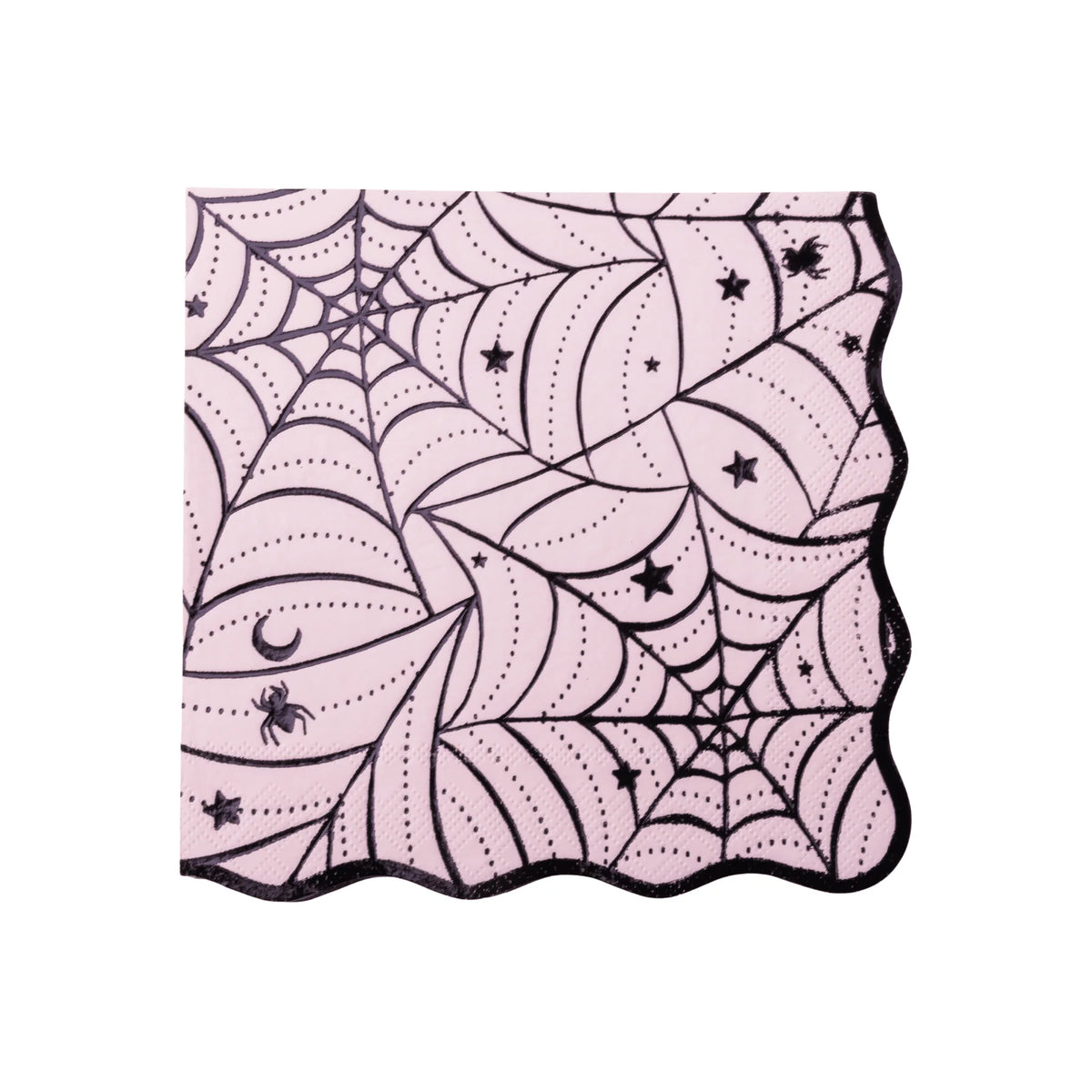 Pink Halloween napkin with a black spiderweb print, stars, a moon, and a spider, finished with a wavy edge.