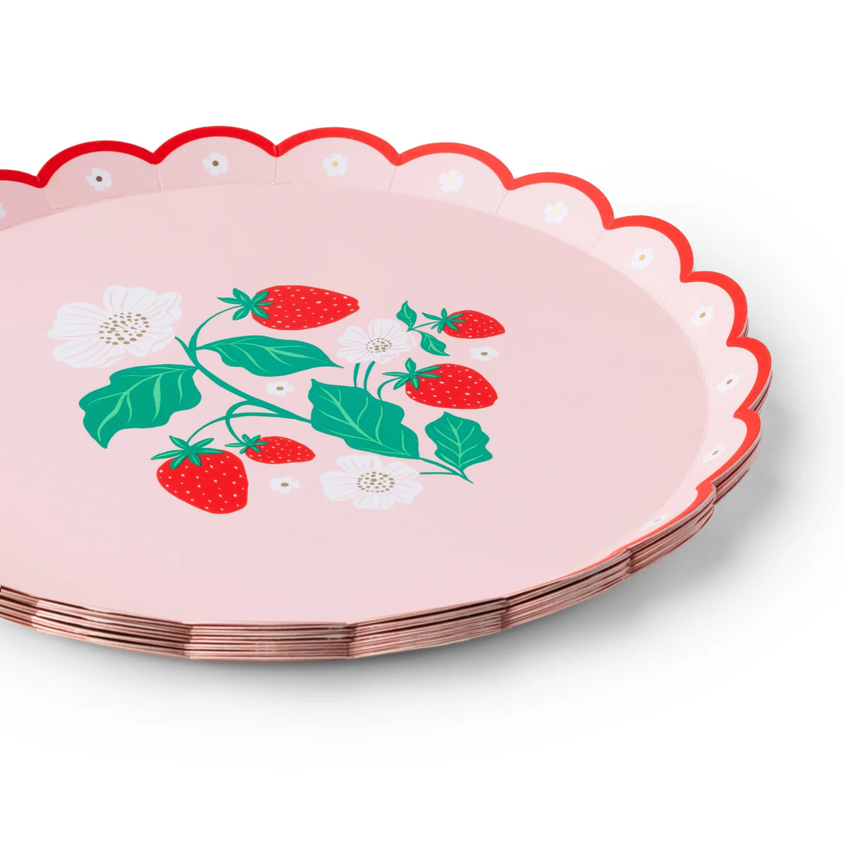 Pink strawberry scalloped paper plate with red scalloped edge, featuring a strawberry vine with red berries, green leaves, and white blossoms.