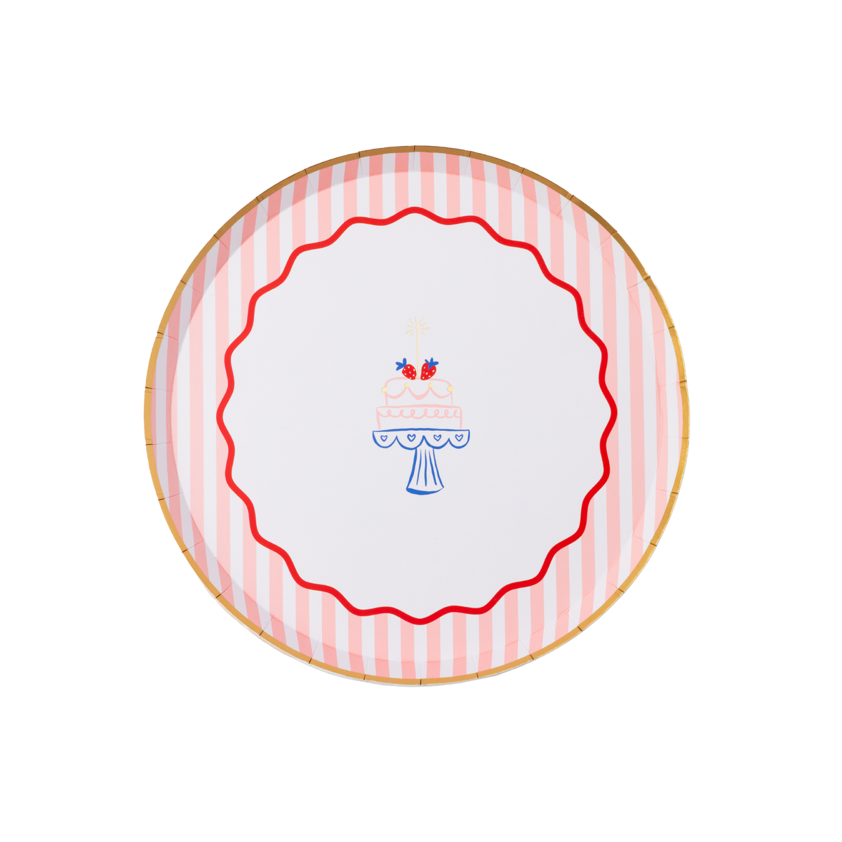 Single round pink and white striped paper plate with illustrated strawberry birthday cake on pedestal, red scalloped wavy border and gold foil rim on white background
