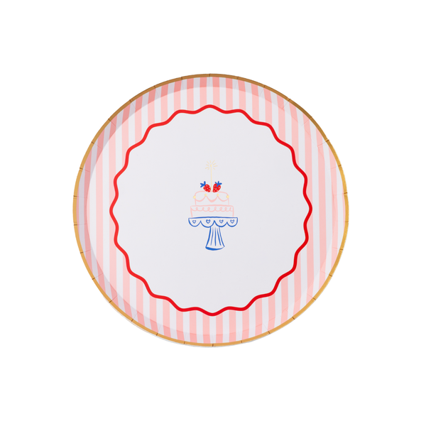 Single round pink and white striped paper plate with illustrated strawberry birthday cake on pedestal, red scalloped wavy border and gold foil rim on white background
