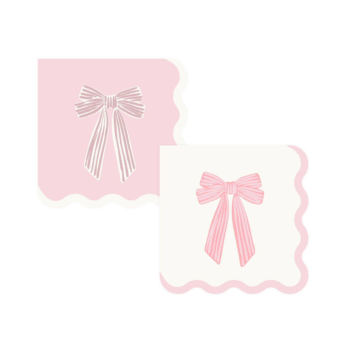 Both Pink Striped Bow Paper Cocktail Napkin designs displayed side by side on white background — pink napkin with cream-and-pink striped ribbon bow centered on the front and a white scalloped square edge, and cream napkin with bright pink striped ribbon bow centered on the front and a pink scalloped square edge