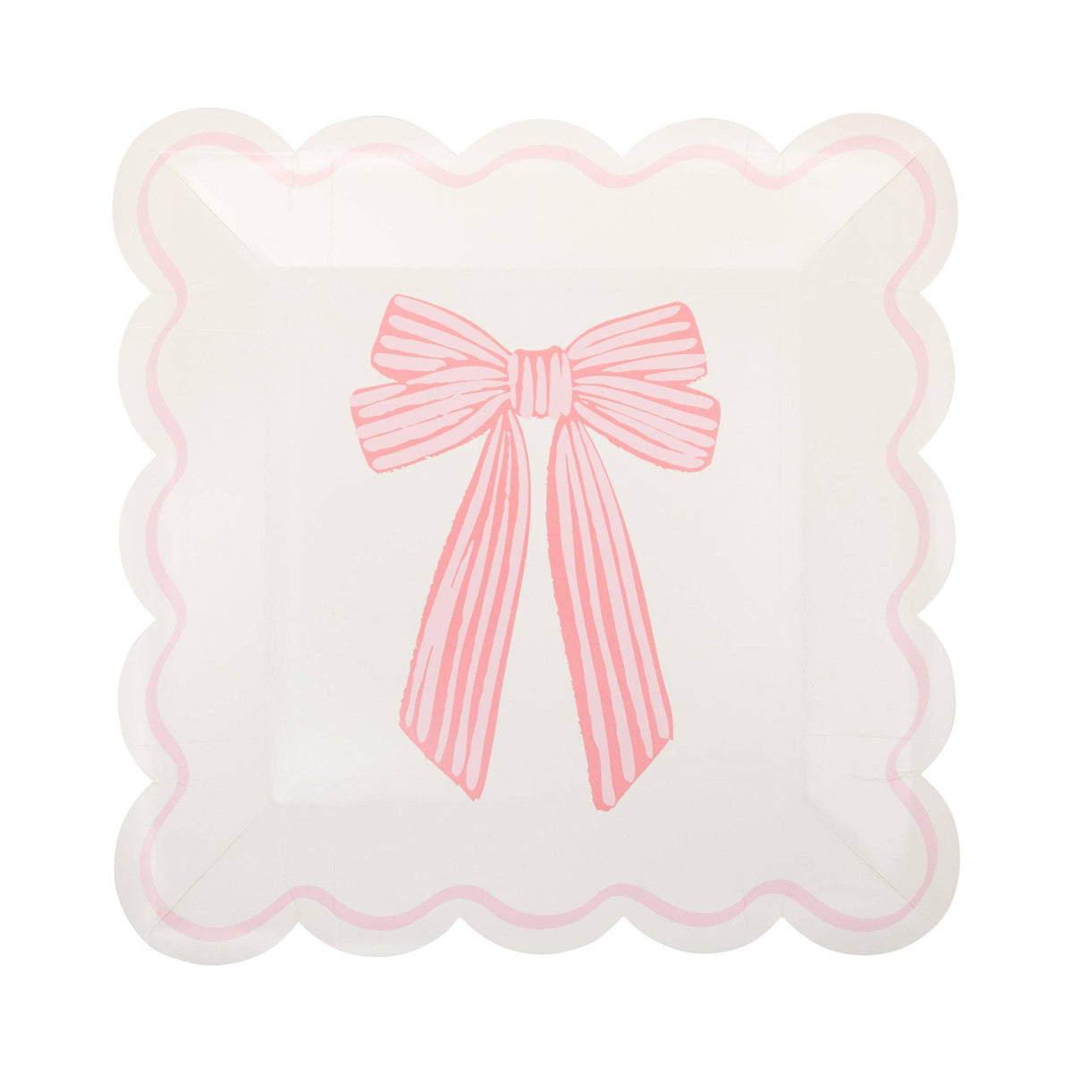 Single cream Pink Striped Bow Square Paper Plate on white background showing cream surface with a large hand-drawn pink-and-white striped ribbon bow centered on the plate, framed by a pink scalloped square edge