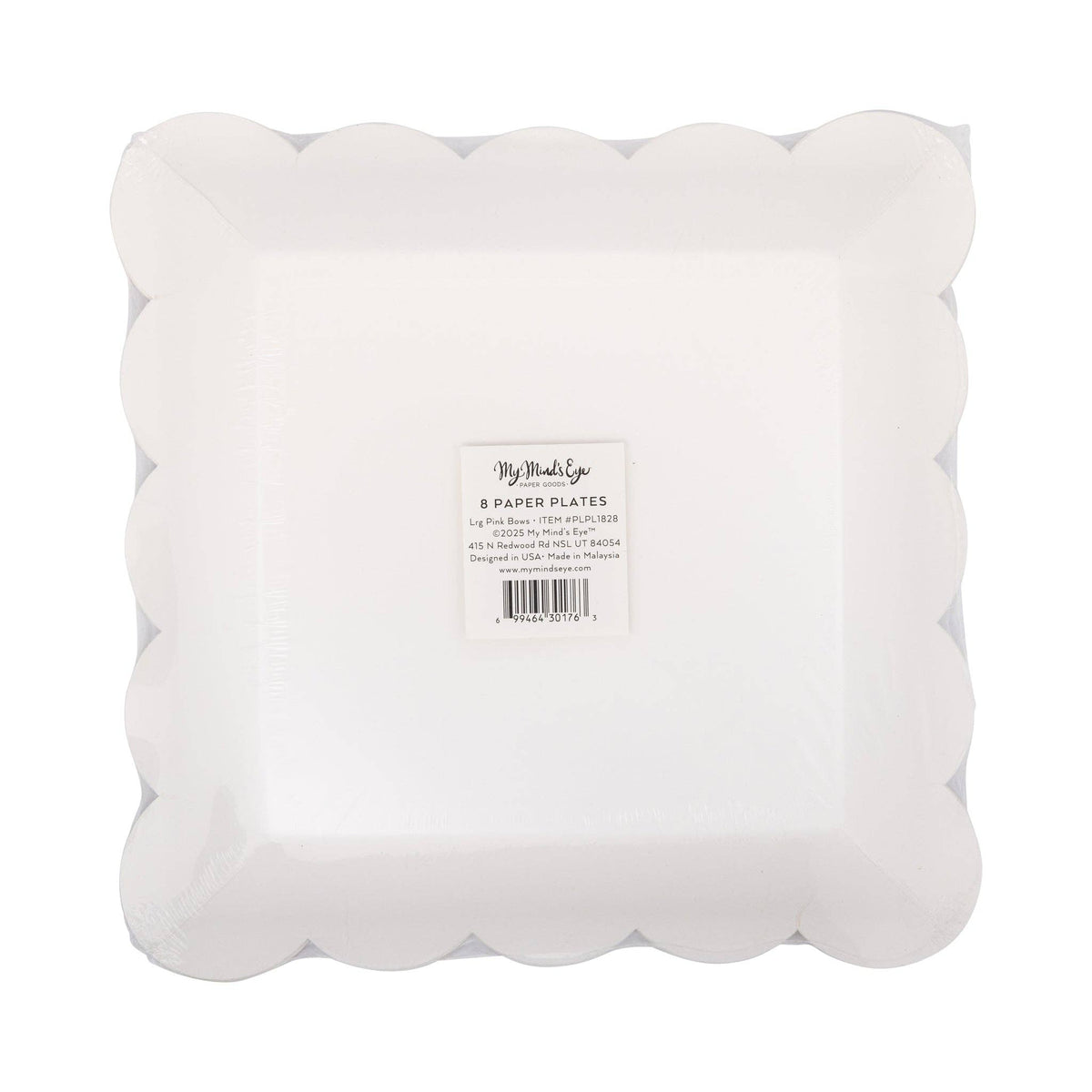 Back view of stack of Pink Striped Bow Square Paper Plates showing scalloped square edge profile and the My Mind's Eye paper goods product label confirming 8 paper plates large pink bows design, SKU PLPL1828