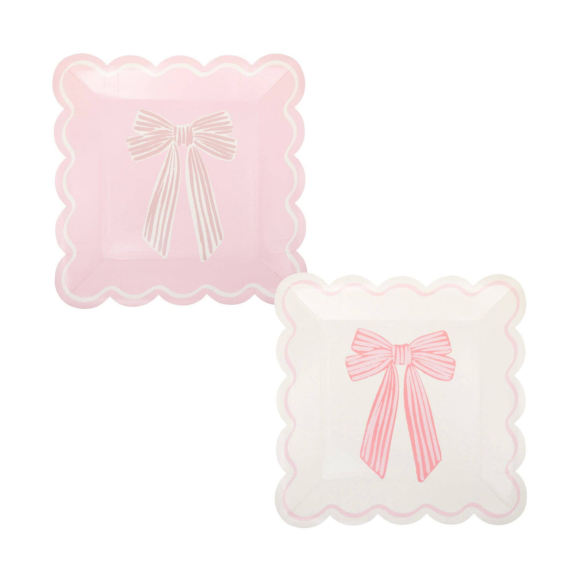 Both Pink Striped Bow Square Paper Plate designs displayed side by side on white background — pink plate with pink-on-pink striped bow and pink scalloped edge, cream plate with bright pink striped bow and pink scalloped edge