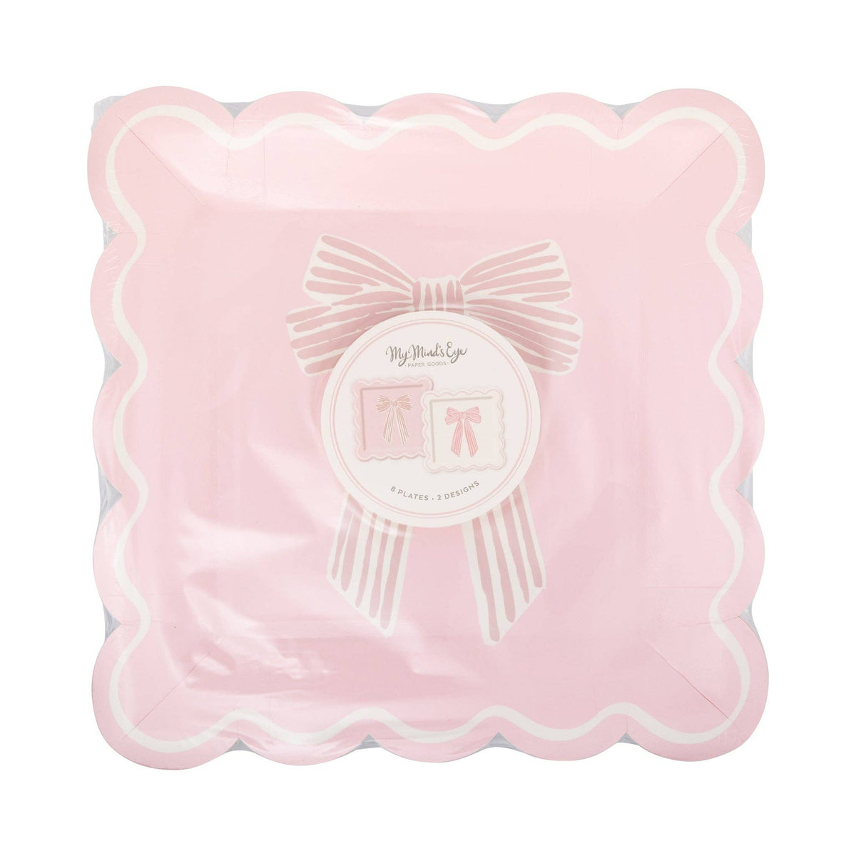Top-down view of unopened Pink Striped Bow Square Paper Plates package showing both designs and the My Mind's Eye paper goods label confirming 8 plates and 2 designs