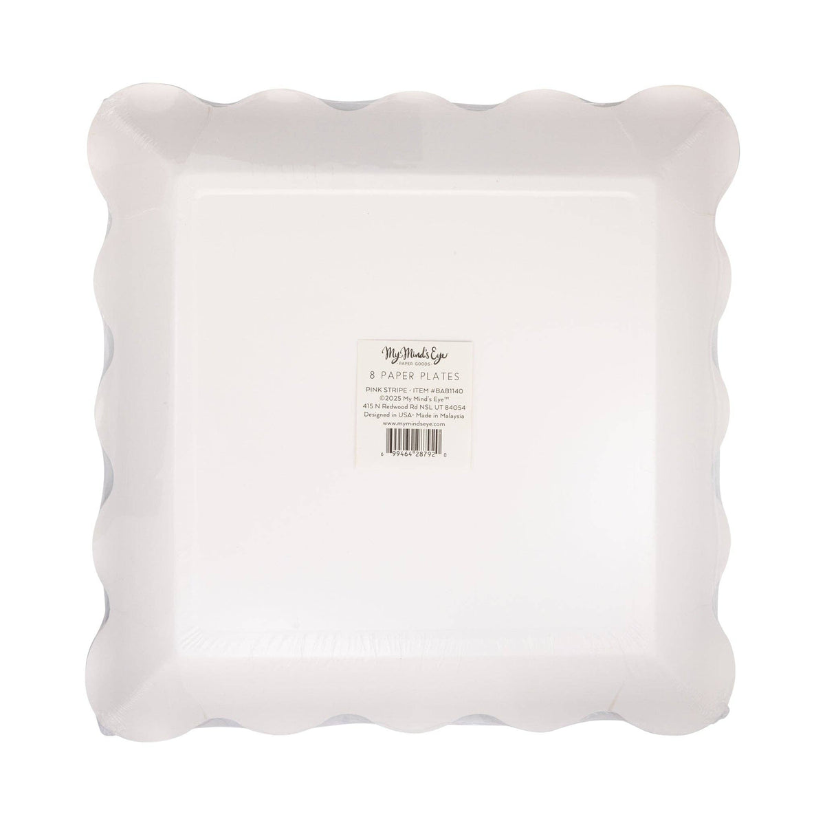 Back view of disposable pink striped party plates in packaging