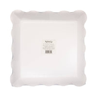 Back view of disposable pink striped party plates in packaging