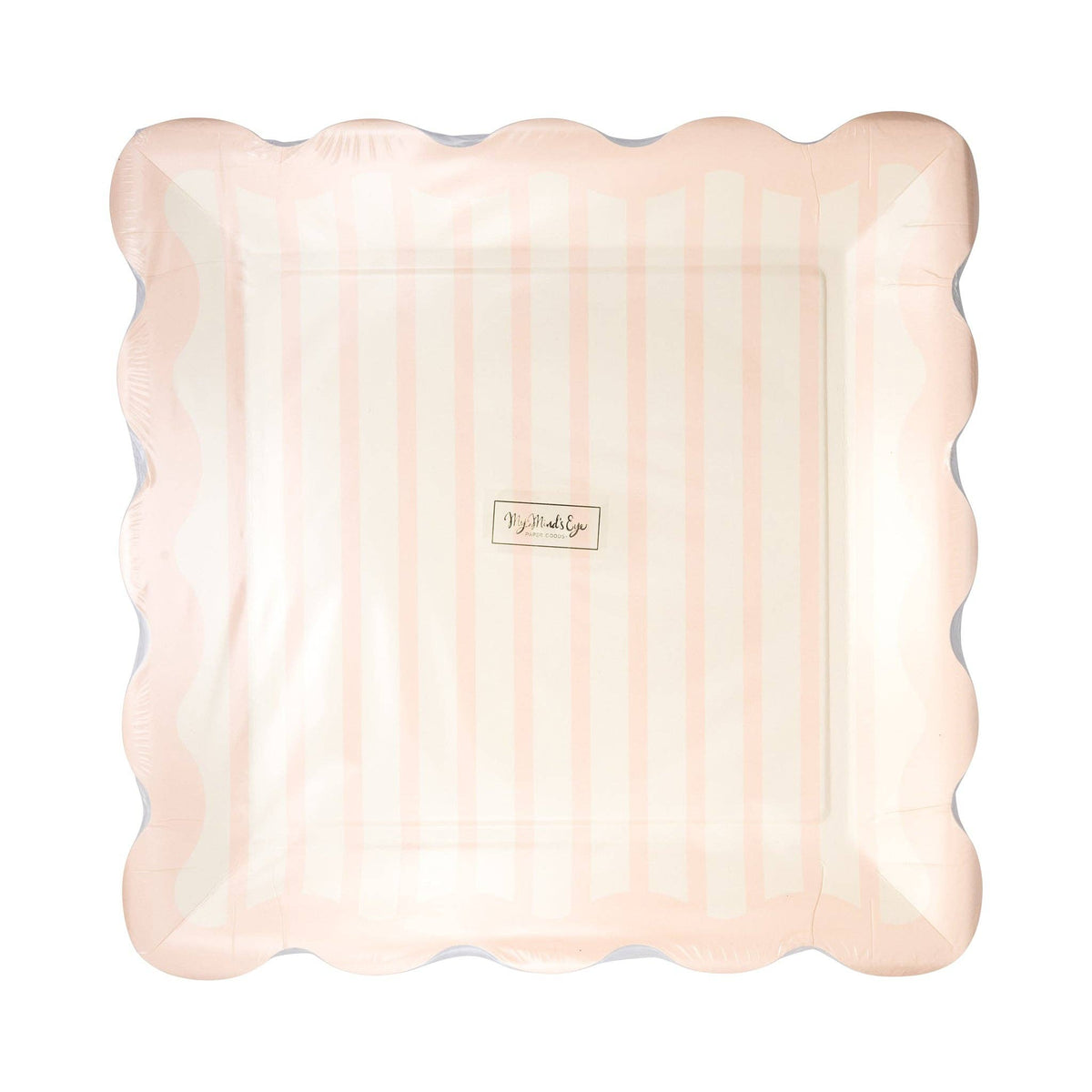 Packaging of pink striped scalloped edge paper plates