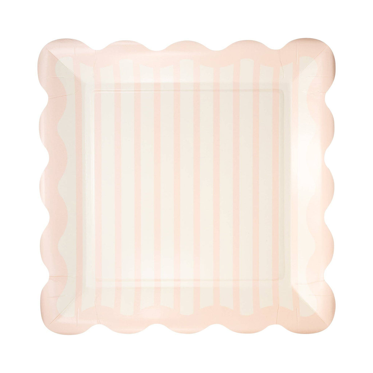 Pink striped scalloped square paper plate on white background