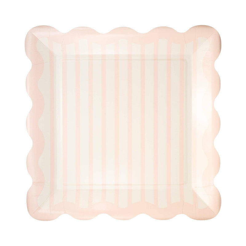 Pink striped scalloped square paper plate on white background