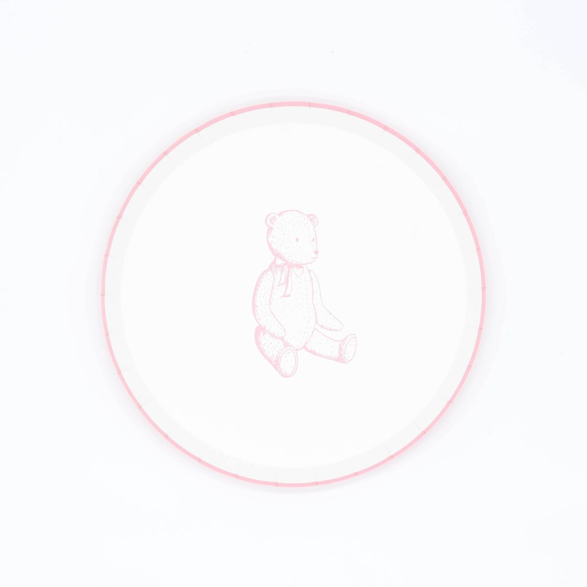 Pink teddy bear paper dessert plate, white plate with a pink rim and a sketched sitting bear