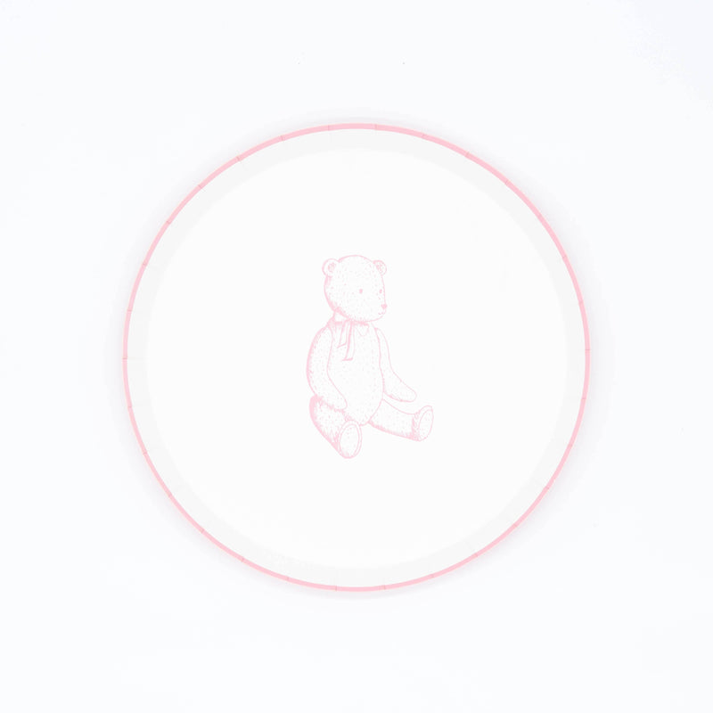 Pink teddy bear paper dessert plate, white plate with a pink rim and a sketched sitting bear