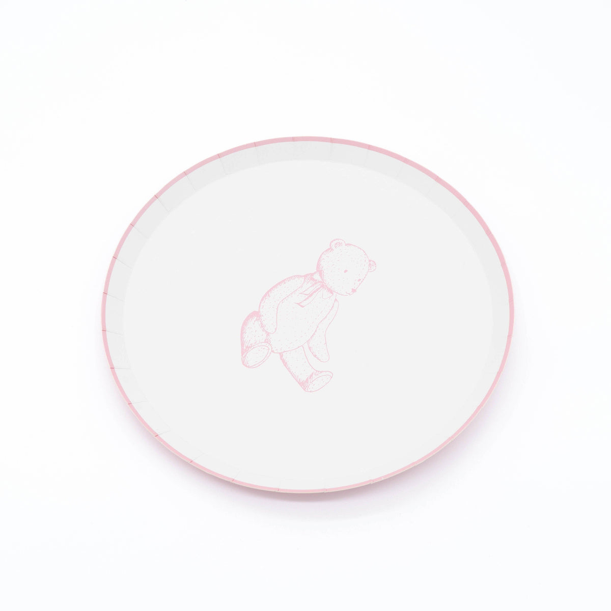 Pink teddy bear paper dessert plate at an angle on white, showing the 8.5 inch round shape