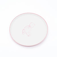 Pink teddy bear paper dessert plate at an angle on white, showing the 8.5 inch round shape