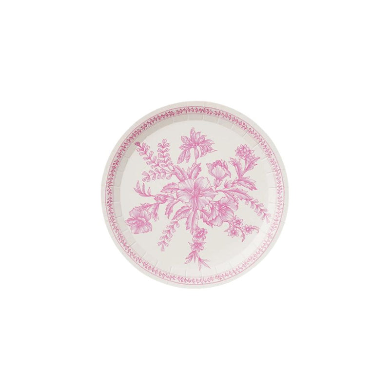 Pink toile paper plate with floral pattern on white background.