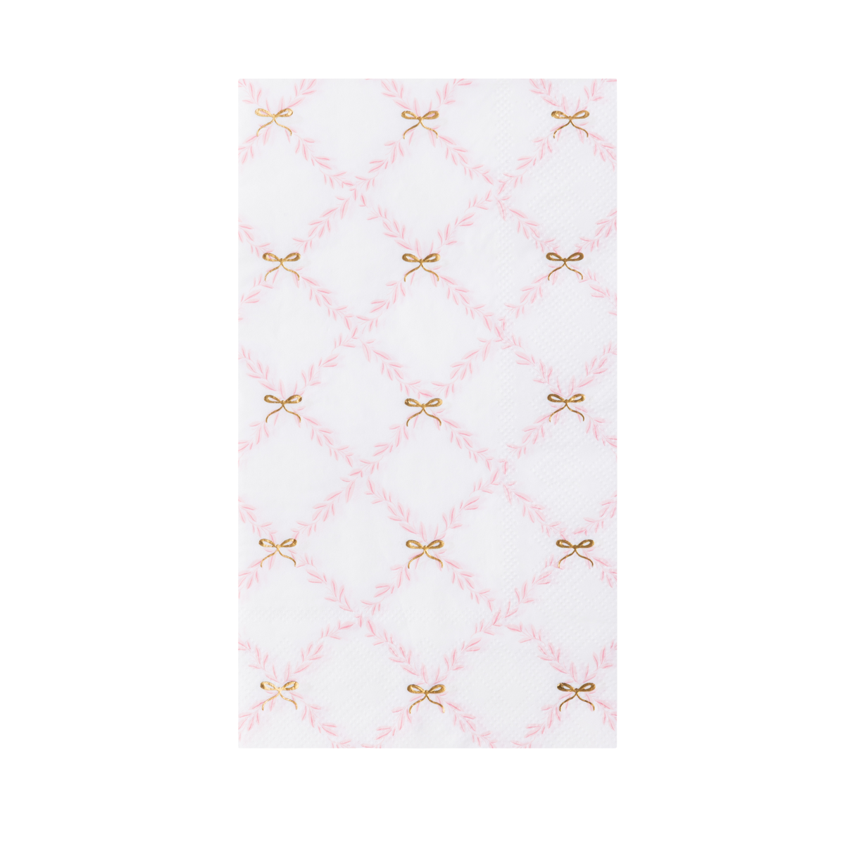 A folded white and pink trellis paper guest towel with small gold bow accents.