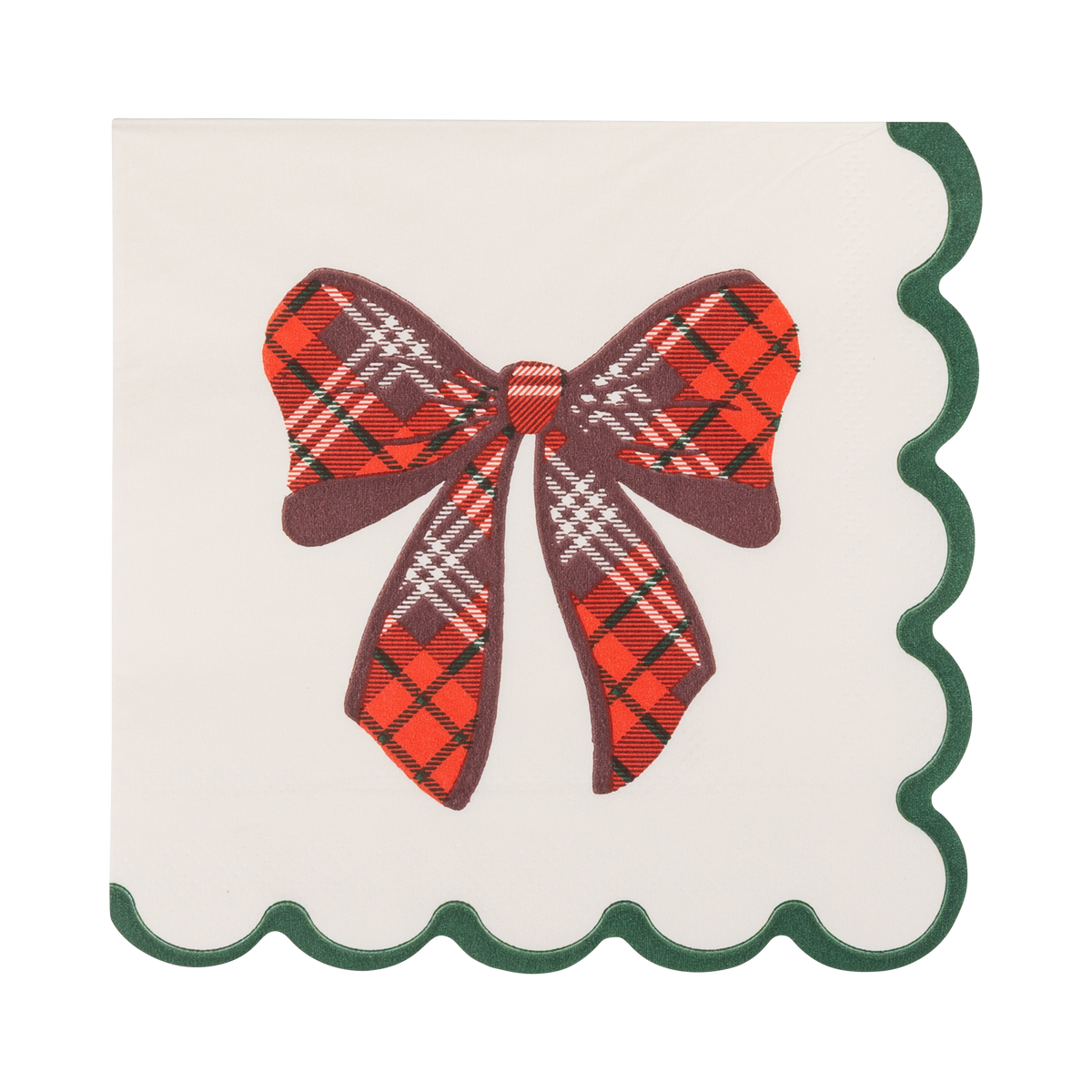 Cream paper cocktail napkin with red tartan plaid bow and green scalloped edge