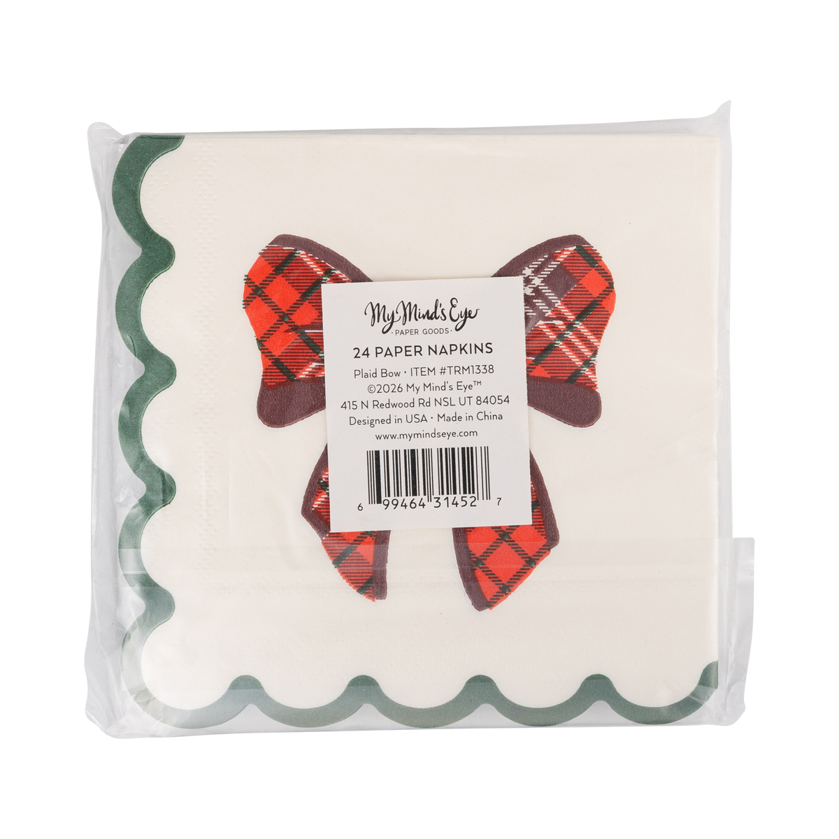 Back of plaid bow paper cocktail napkin pack showing label for 24 napkins