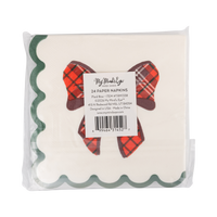 Back of plaid bow paper cocktail napkin pack showing label for 24 napkins