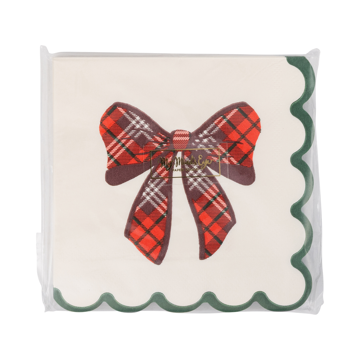 Pack of plaid bow paper cocktail napkins with green scalloped edge in clear sleeve