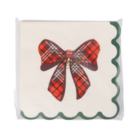Pack of plaid bow paper cocktail napkins with green scalloped edge in clear sleeve