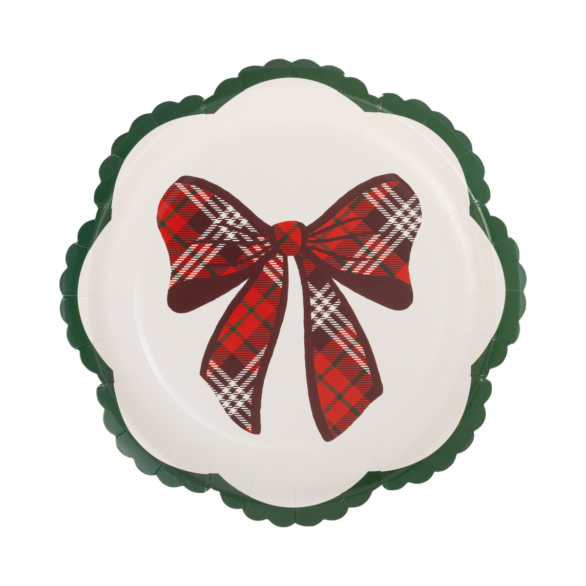 Cream scalloped paper plate with red tartan plaid bow and green wavy edge