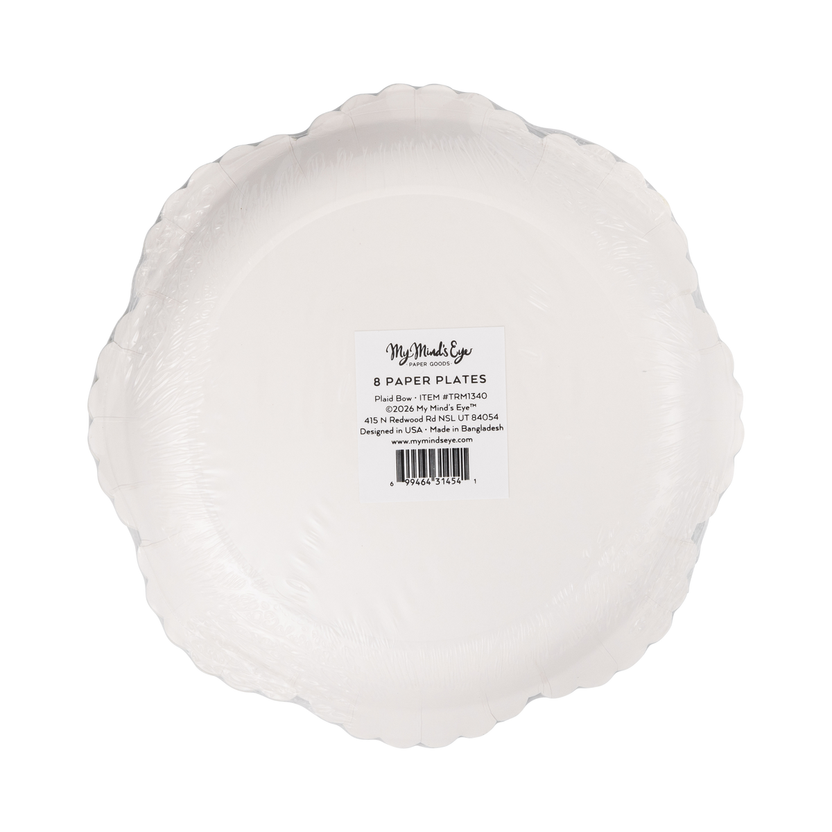 Back of plaid bow paper plate pack showing label for 8 paper plates
