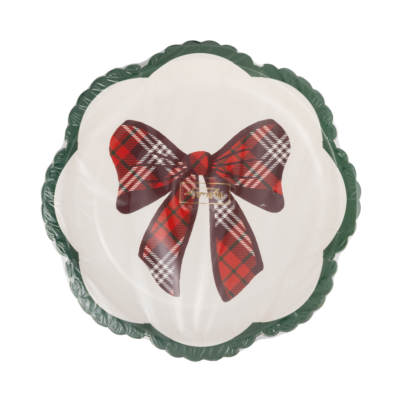 Stack of plaid bow scalloped paper plates in clear packaging