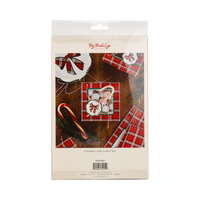 Back of plaid Christmas cookie box package showing contents list: 6 boxes, 6 tags, 6 yd twine