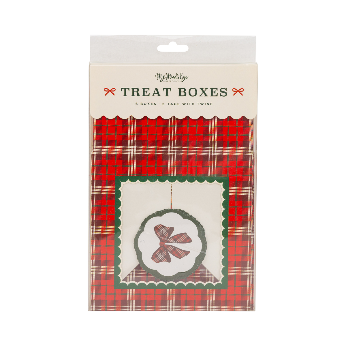 Plaid Christmas cookie boxes in retail packaging with scalloped window and bow gift tag