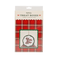 Plaid Christmas cookie boxes in retail packaging with scalloped window and bow gift tag