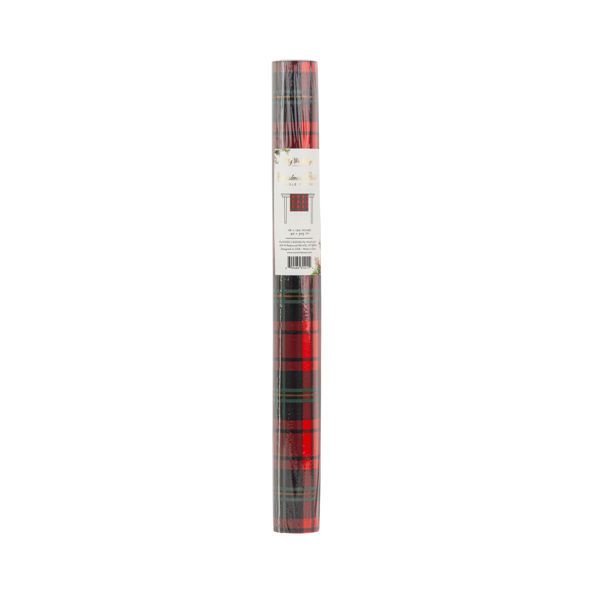 Plaid Christmas table runner in its retail tube packaging