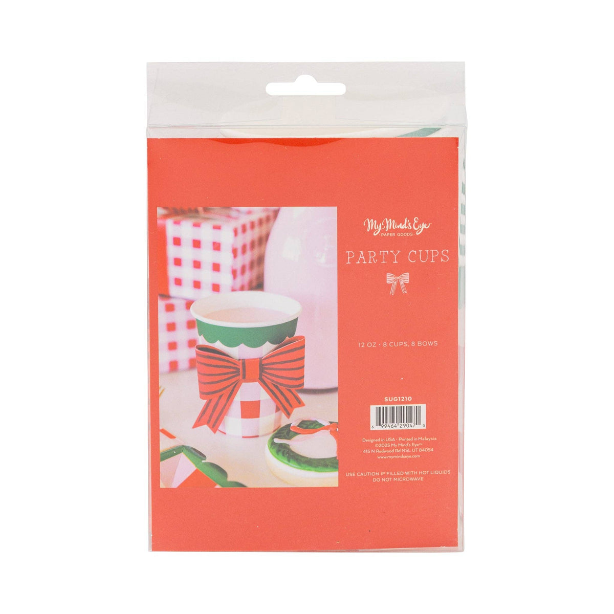 Back of plaid party cups packaging showing product photo and label
