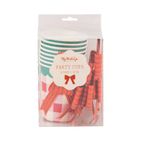 Packaged plaid paper cups set with detachable bows, 8 count
