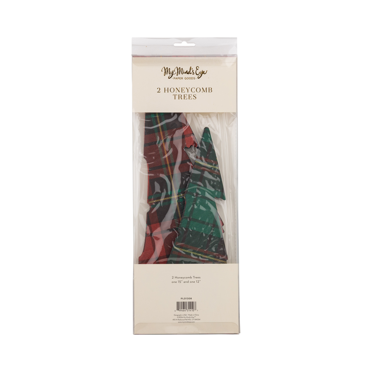 Back of the plaid honeycomb trees packaging showing product details and barcode