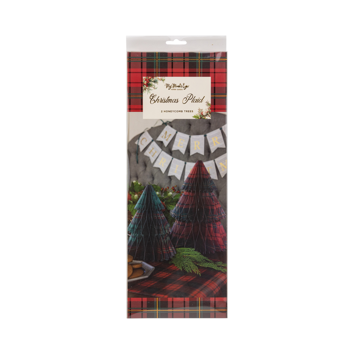 Plaid honeycomb Christmas tree set in retail packaging with header card
