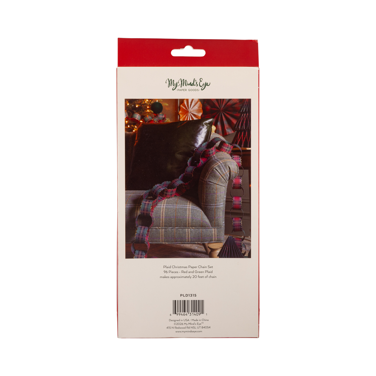 Back of the plaid paper chain kit packaging showing product details and barcode