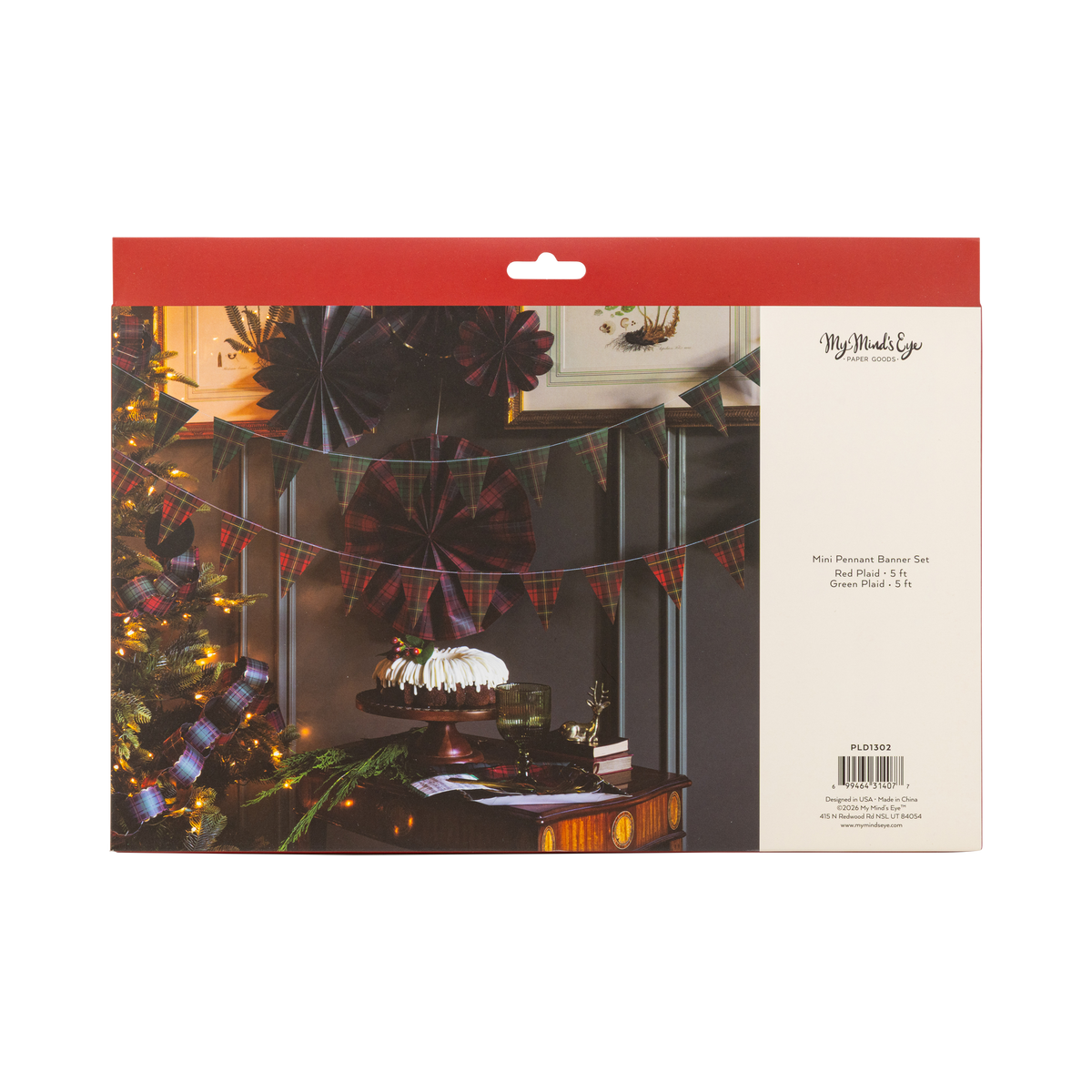 Back of the plaid pennant banner set packaging showing product details and barcode