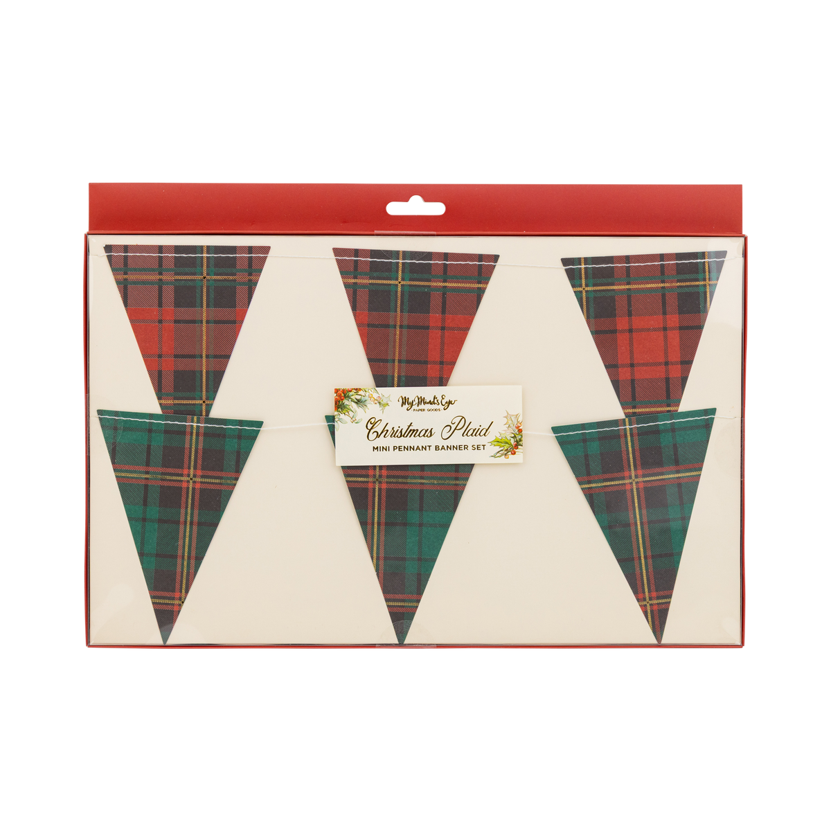Plaid pennant banner set in retail packaging with header card