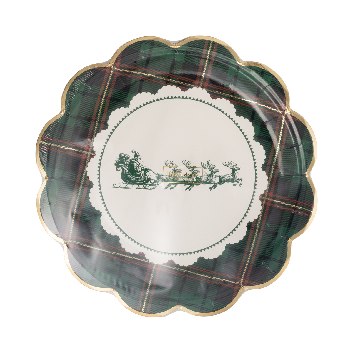 Plaid Santa sleigh paper dinner plate shown straight on