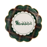 Plaid Santa sleigh paper dinner plate with a cream doily, green Santa center, and gold foil edge