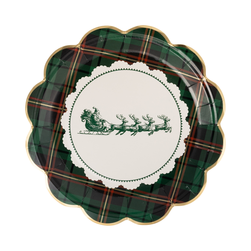 Plaid Santa sleigh paper dinner plate with a cream doily, green Santa center, and gold foil edge