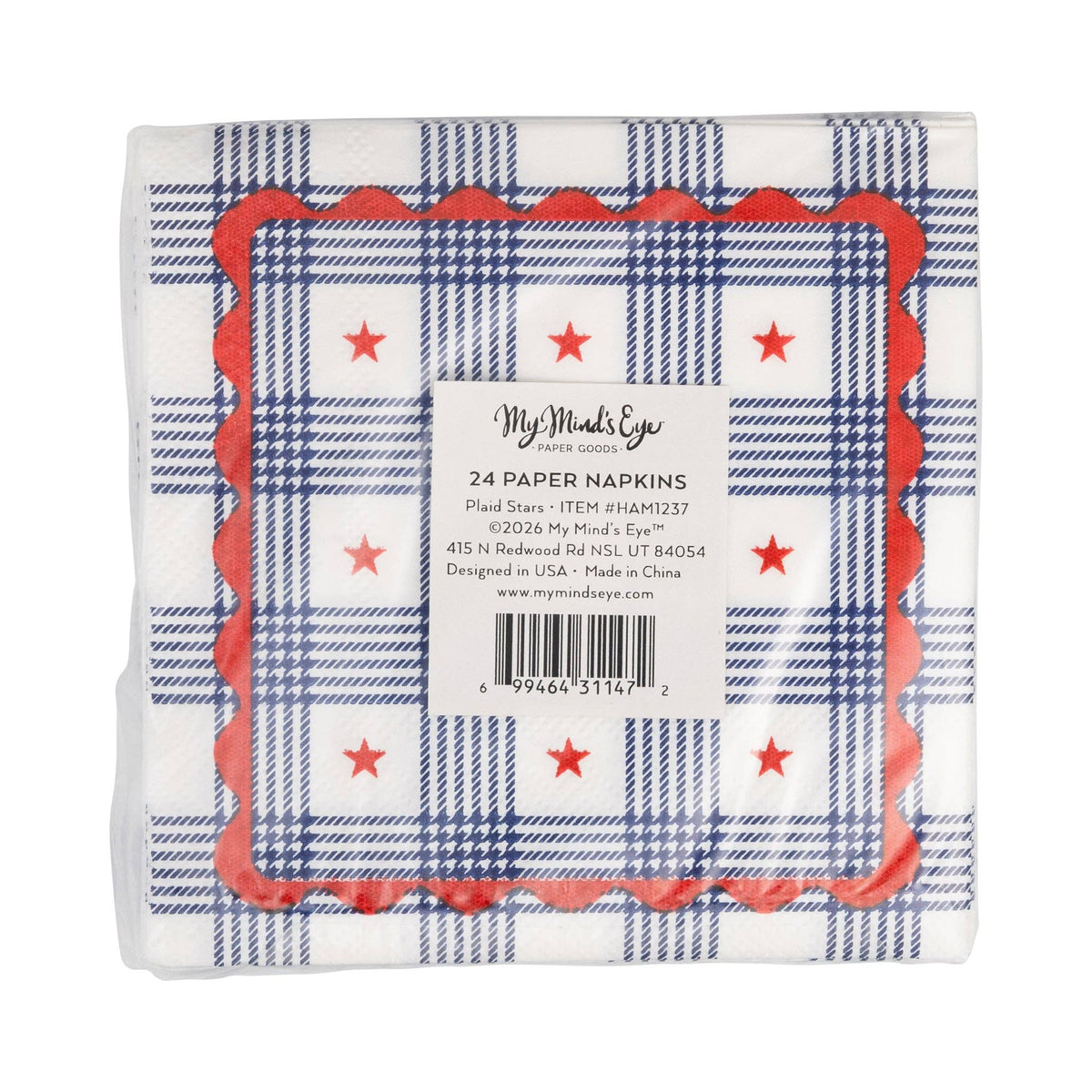 Back of plaid stars paper cocktail napkin packaging showing 24-count label
