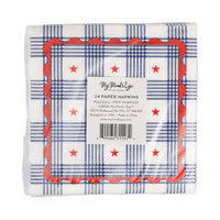 Back of plaid stars paper cocktail napkin packaging showing 24-count label