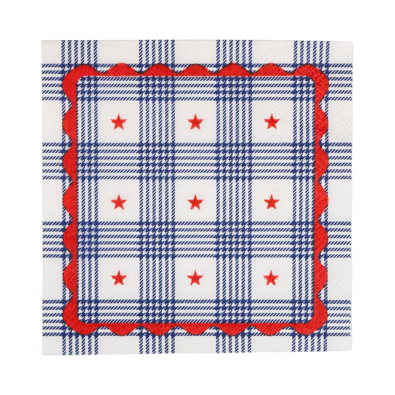 Single plaid stars paper cocktail napkin flat lay showing navy plaid pattern with red stars and scalloped border