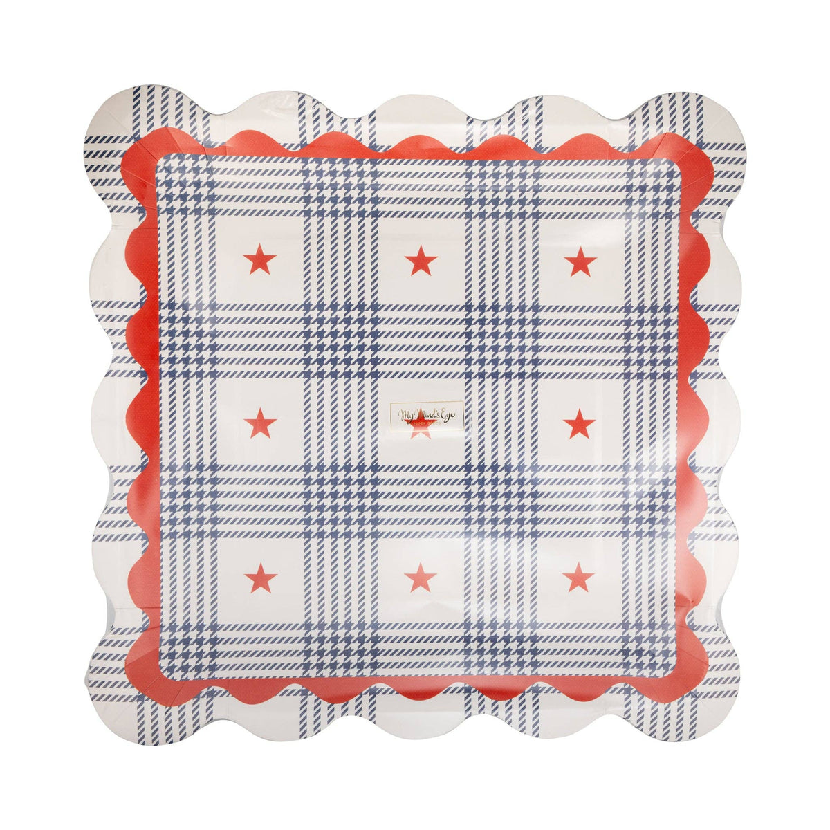 Single plaid stars scalloped paper plate showing blue plaid pattern with red stars and red scalloped border — product shot