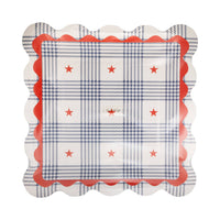 Single plaid stars scalloped paper plate showing blue plaid pattern with red stars and red scalloped border — product shot
