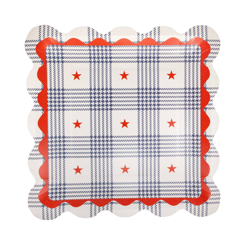 Single plaid stars scalloped paper plate close-up showing full blue and cream plaid pattern with red stars and red scalloped inner border