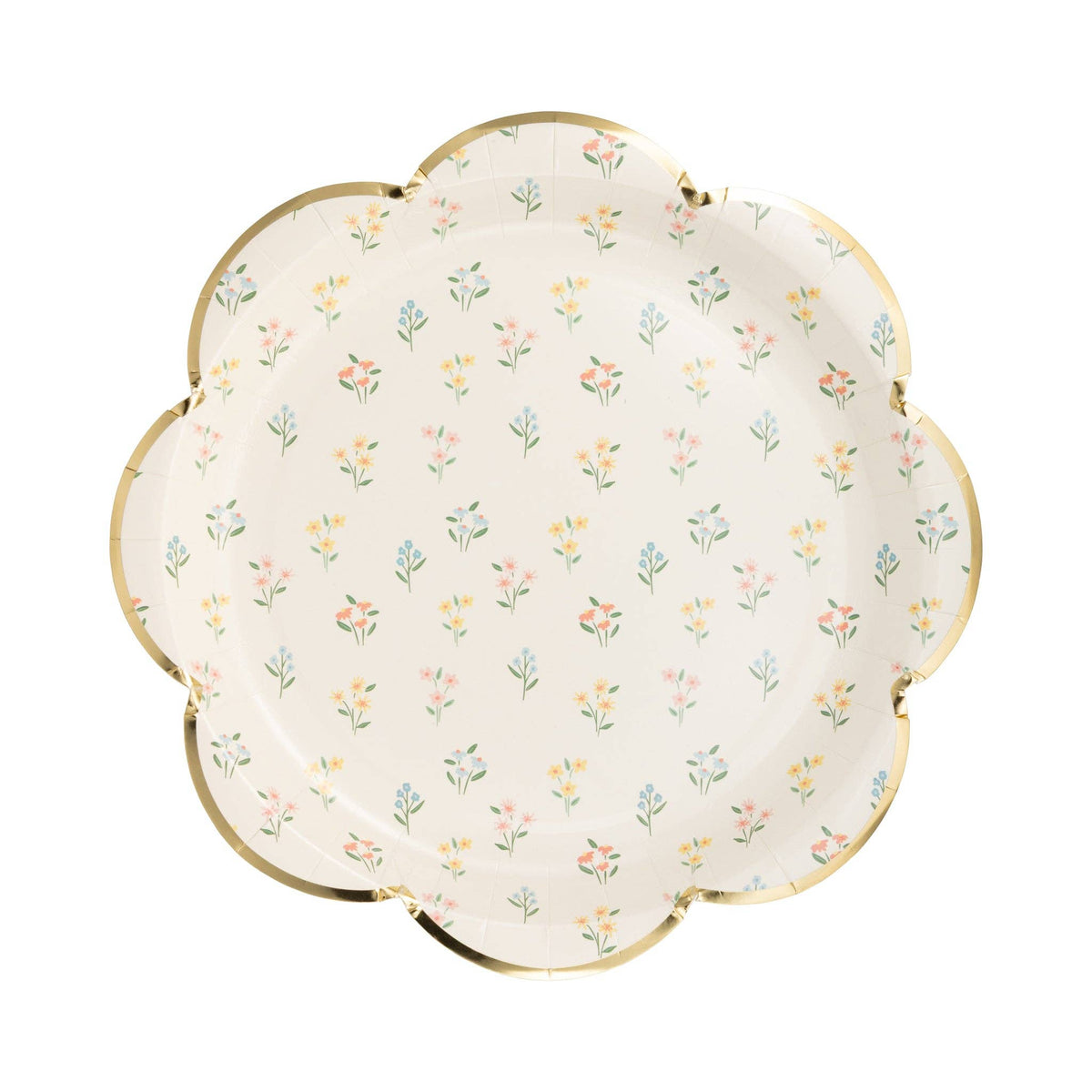 A single white paper plate with a dainty wildflower pattern and a gold-foiled scalloped edge, styled for an English garden theme.