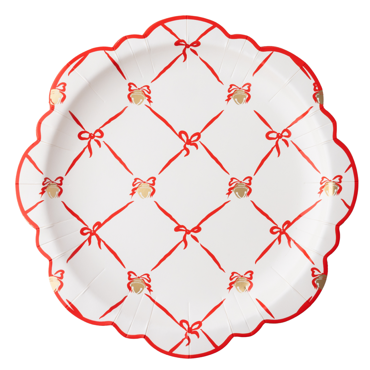 Large Polar Express Believe plate with a red ribbon lattice, golden sleigh bells, and scalloped edge